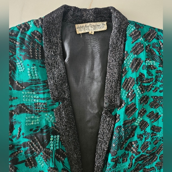 JUDITH ANN CREATIONS INC Beaded Sequin 100% Silk Evening/Opera Jacket Green Sz L - Picture 10 of 16